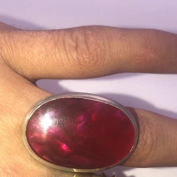 huge Sterling Silver & Abalone w Pink Resin (?) Overlay Sz 7 - Picture 8 of 11